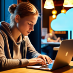 A focused digital nomad working on a laptop in a cozy yet bustling cafe, vibrant with warm lights. Around them, subtle visual effects depict a digital shield and secure, encrypted data streams connecting to a floating cloud icon, symbolizing a 'mobile digital fortress' and cloud-based office. The atmosphere is productive and secure, blending technology with a comfortable, international travel setting.
