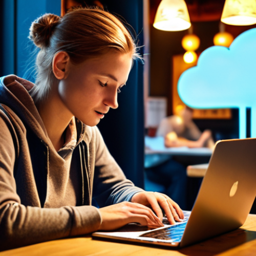 Home 4 A focused digital nomad working on a laptop in a cozy yet bustling cafe, vibrant with warm lights. Around them, subtle visual effects depict a digital shield and secure, encrypted data streams connecting to a floating cloud icon, symbolizing a 'mobile digital fortress' and cloud-based office. The atmosphere is productive and secure, blending technology with a comfortable, international travel setting.