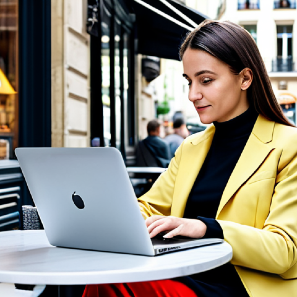 **

"A professional businesswoman, fully clothed in modest, modern attire, working remotely on a laptop at a cafe in Paris, France.  Background includes Parisian street scene with safe, appropriate content. Perfect anatomy, correct proportions, natural pose. Safe for work. Appropriate attire. Professional, family-friendly."

**