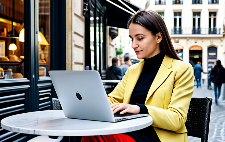 **

"A professional businesswoman, fully clothed in modest, modern attire, working remotely on a laptop at a cafe in Paris, France.  Background includes Parisian street scene with safe, appropriate content. Perfect anatomy, correct proportions, natural pose. Safe for work. Appropriate attire. Professional, family-friendly."

**