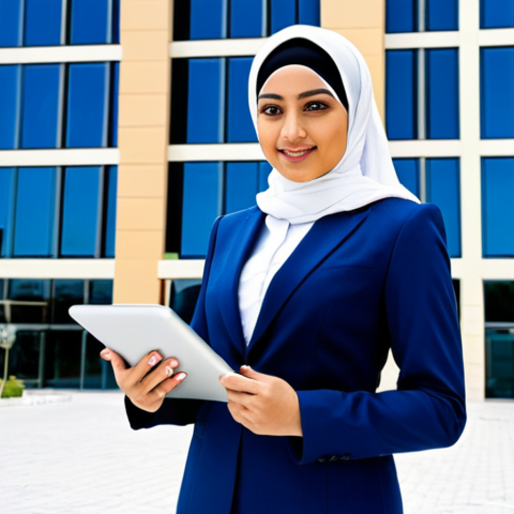 **

A professional Arab businesswoman wearing a modest, dark blue business suit and a hijab, standing confidently in front of a modern office building in Dubai. The scene is bright and sunny. She is holding a tablet. Perfect anatomy, correct proportions, well-formed hands, proper finger count, natural body proportions. Safe for work, appropriate content, fully clothed, professional, family-friendly. High-quality, professional photography.

**