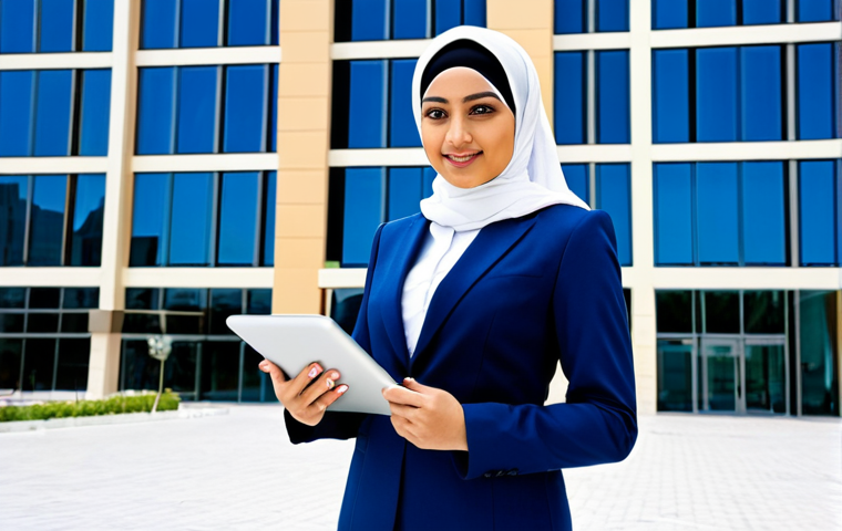 **

A professional Arab businesswoman wearing a modest, dark blue business suit and a hijab, standing confidently in front of a modern office building in Dubai. The scene is bright and sunny. She is holding a tablet. Perfect anatomy, correct proportions, well-formed hands, proper finger count, natural body proportions. Safe for work, appropriate content, fully clothed, professional, family-friendly. High-quality, professional photography.

**