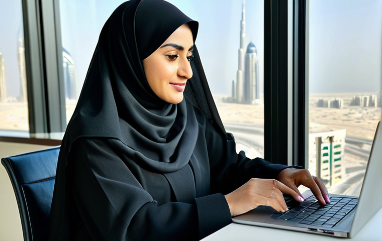 **

"A professional Arab businesswoman in a modest, tailored abaya (fully clothed), working on a laptop at a modern desk in a bright, sunlit office in Dubai, UAE. The background features a subtle cityscape view through the window. Focus on her face showing determination and intelligence. Safe for work, appropriate content, professional, family-friendly, perfect anatomy, natural proportions, high-quality resolution."

**
