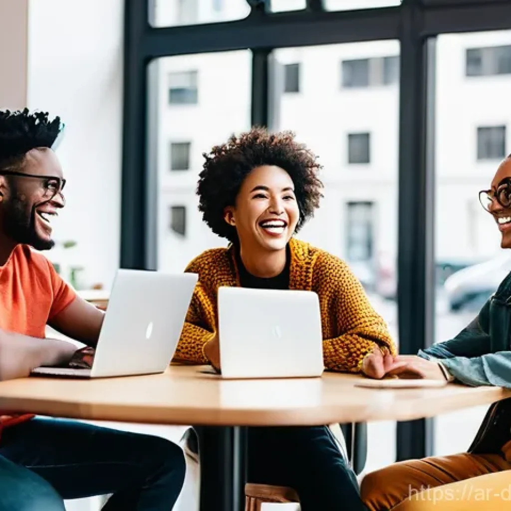 디지털 노마드를 위한 멘탈 헬스 관리 - **Prompt:** A group of diverse digital nomads, smiling and genuinely engaged in conversation, gather...