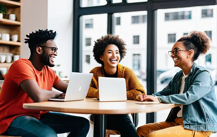 디지털 노마드를 위한 멘탈 헬스 관리 - **Prompt:** A group of diverse digital nomads, smiling and genuinely engaged in conversation, gather...