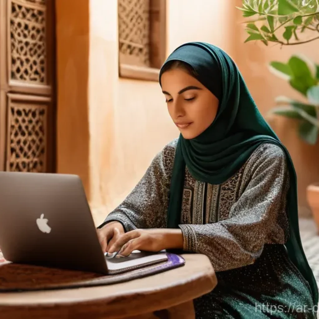 디지털 노마드와 지속 가능한 생활 방식 - **A Serene Digital Nomad in an Arab Courtyard:**
    A young Arab woman, dressed in a stylish yet mo...