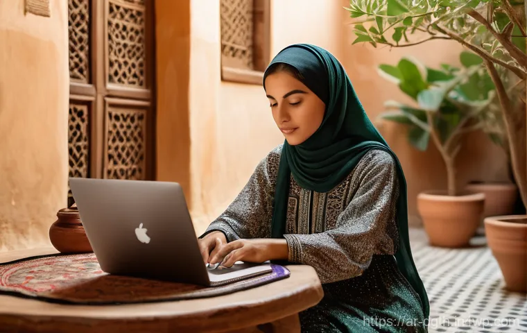 디지털 노마드와 지속 가능한 생활 방식 - **A Serene Digital Nomad in an Arab Courtyard:**
    A young Arab woman, dressed in a stylish yet mo...