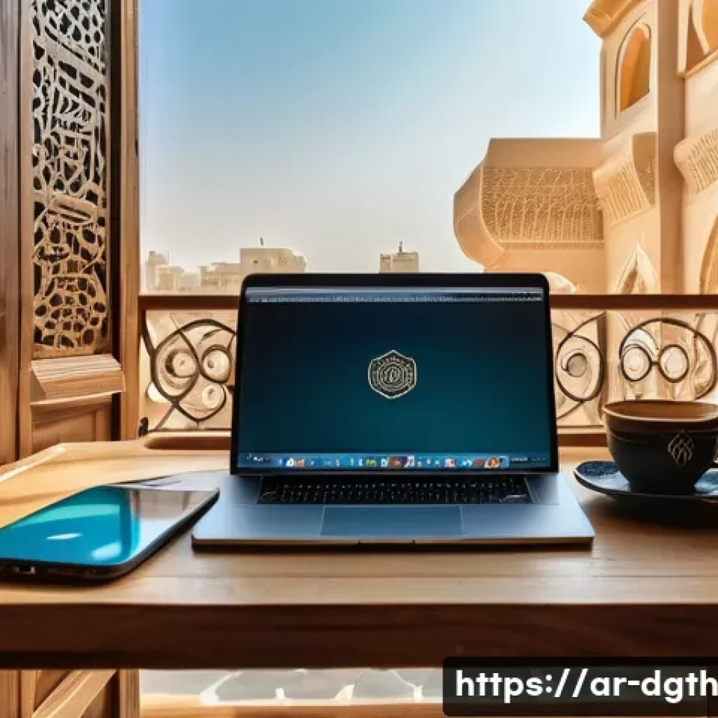 디지털 노마드의 이직 전략 - A cozy digital nomad workspace set in a serene café in an Arabic-speaking city, featuring a lightwei...