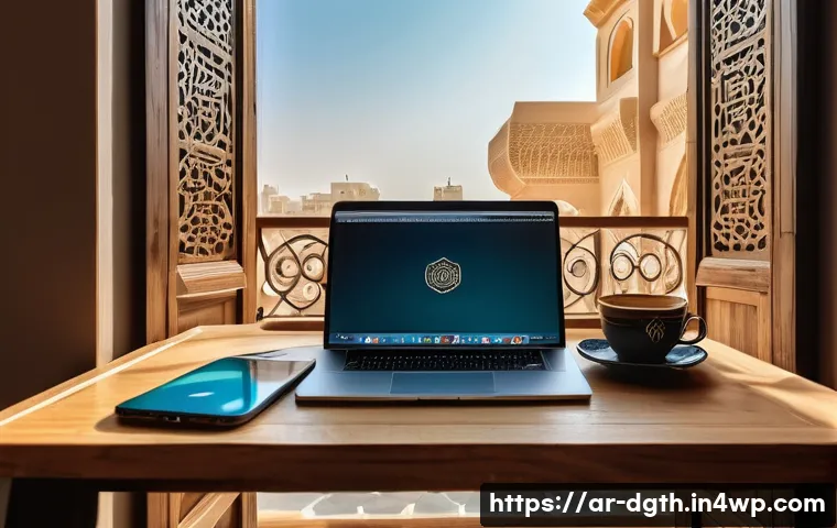 디지털 노마드의 이직 전략 - A cozy digital nomad workspace set in a serene café in an Arabic-speaking city, featuring a lightwei...