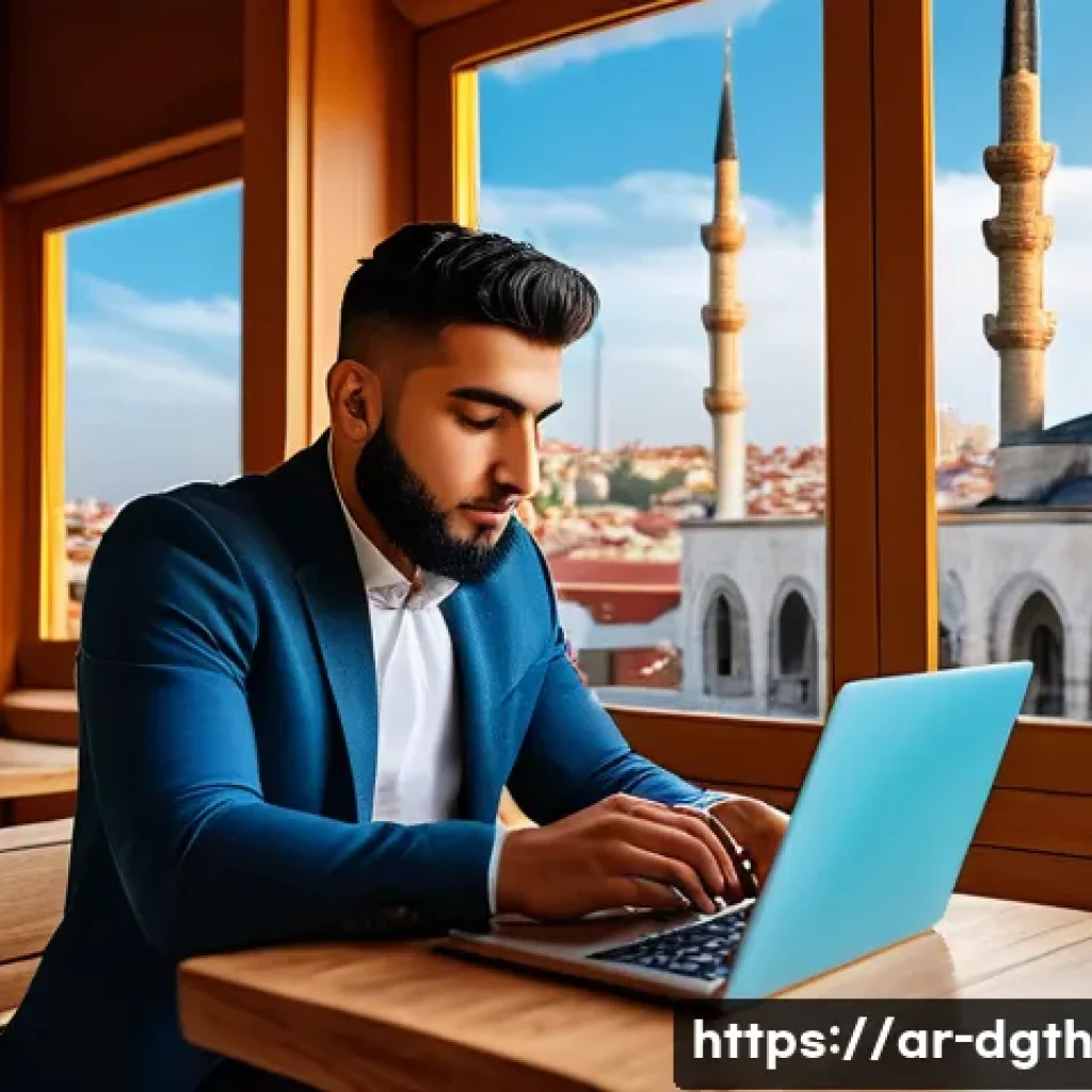디지털 노마드와 글로벌 비즈니스의 관계 - A vibrant digital nomad workspace scene set in a cozy Istanbul café, featuring a young Arab professi...