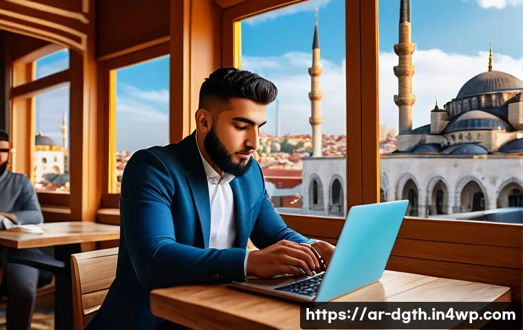 디지털 노마드와 글로벌 비즈니스의 관계 - A vibrant digital nomad workspace scene set in a cozy Istanbul café, featuring a young Arab professi...
