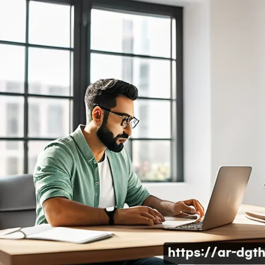 디지털 노마드로서의 경력 목표 설정 - A focused remote worker of Middle Eastern descent sitting at a modern desk in a bright, minimalist h...