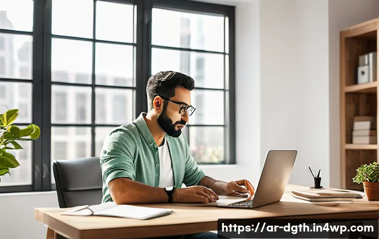 디지털 노마드로서의 경력 목표 설정 - A focused remote worker of Middle Eastern descent sitting at a modern desk in a bright, minimalist h...