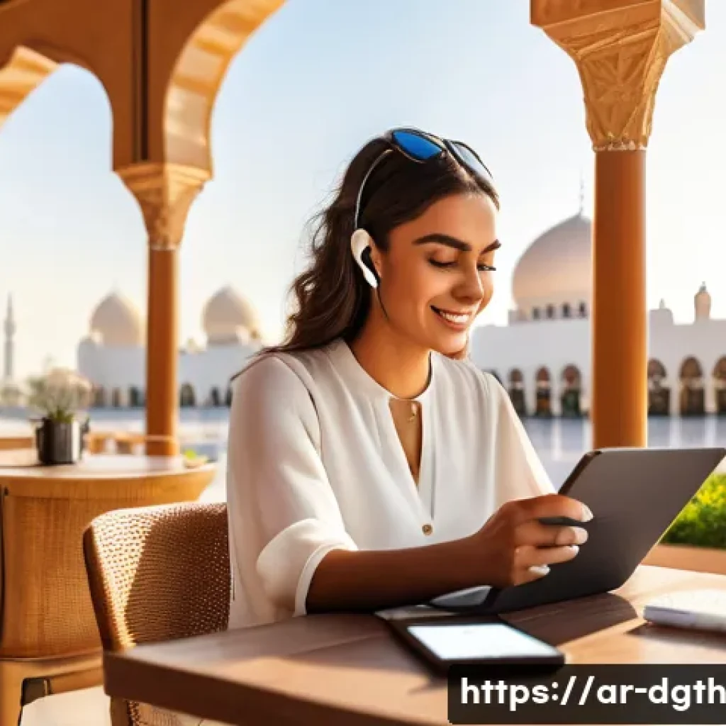 신규 디지털 노마드를 위한 멘토링 프로그램 - A professional Arab digital nomad woman working on her laptop at a vibrant outdoor café in Dubai, we...