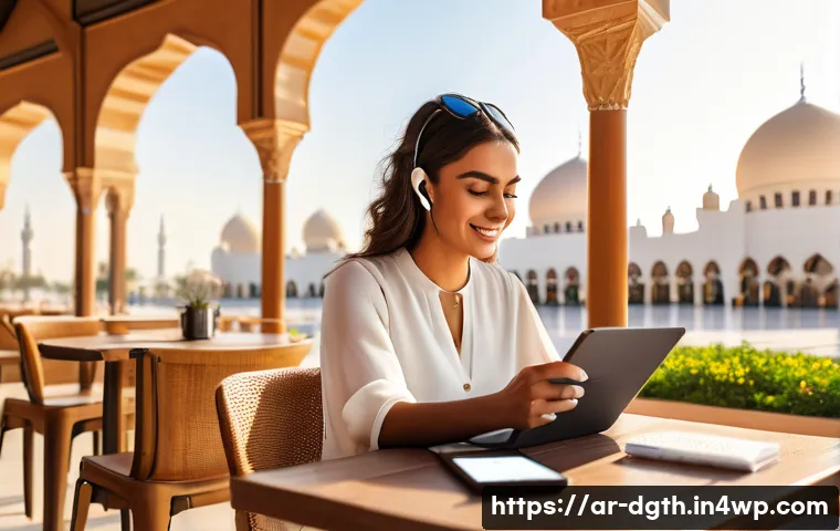 신규 디지털 노마드를 위한 멘토링 프로그램 - A professional Arab digital nomad woman working on her laptop at a vibrant outdoor café in Dubai, we...