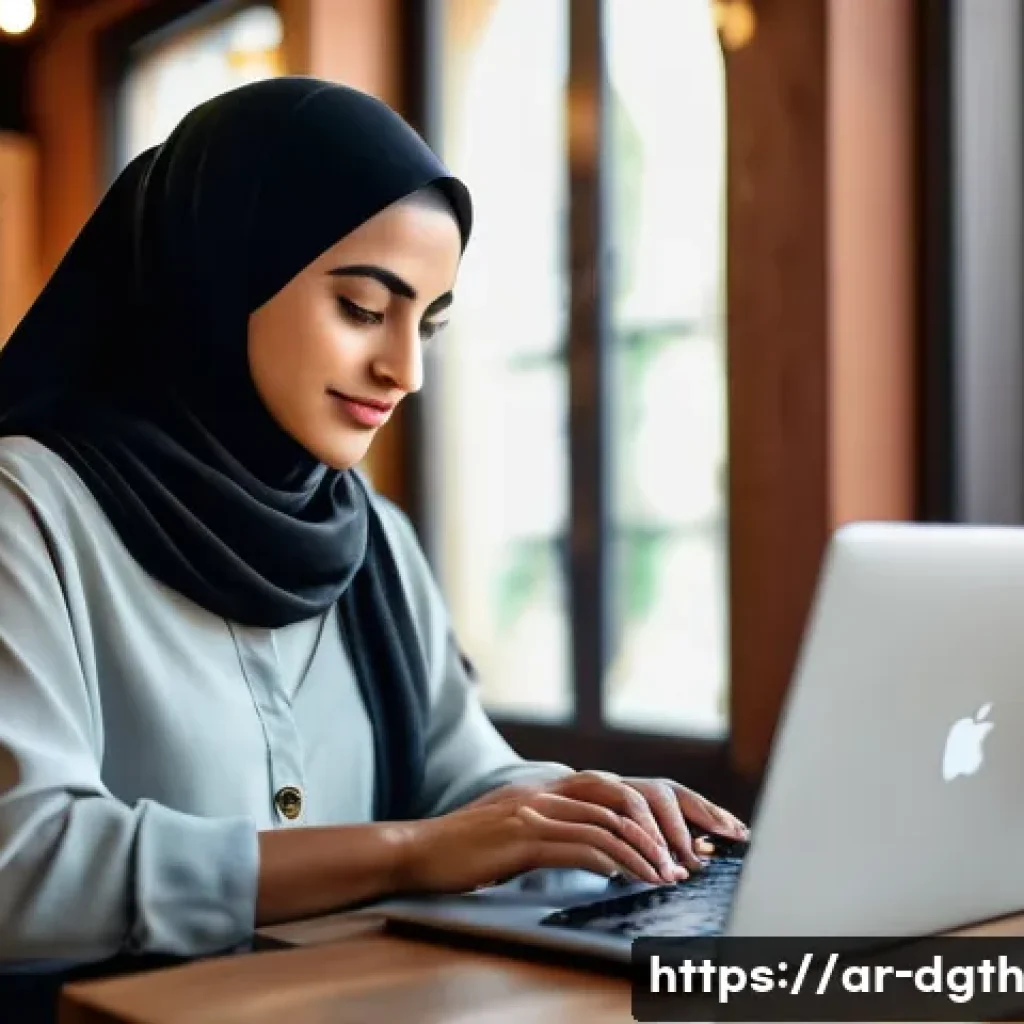 인기 있는 디지털 노마드 툴과 소프트웨어 - A professional Arab digital nomad woman working on a sleek laptop inside a cozy, modern café with Ar...