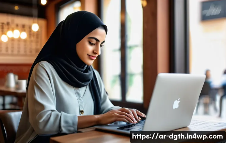 인기 있는 디지털 노마드 툴과 소프트웨어 - A professional Arab digital nomad woman working on a sleek laptop inside a cozy, modern café with Ar...