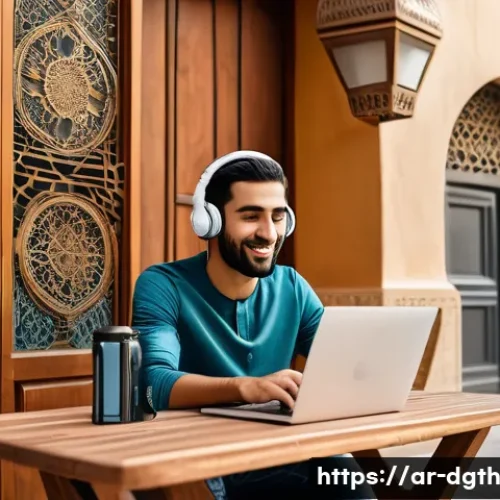 디지털 노마드로서의 자기 관리 방법 - A modern digital nomad workspace in a cozy, sunlit cafe in a Middle Eastern city, featuring a young ...