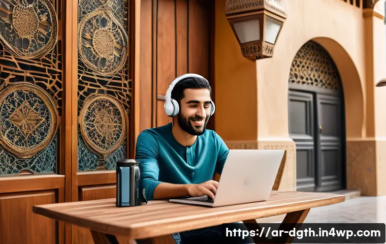 디지털 노마드로서의 자기 관리 방법 - A modern digital nomad workspace in a cozy, sunlit cafe in a Middle Eastern city, featuring a young ...