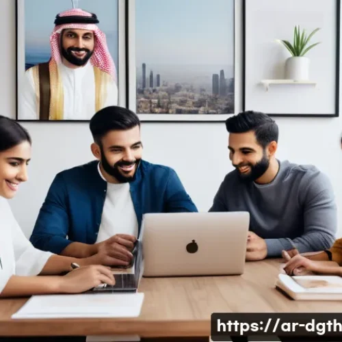 디지털 노마드와 직장 내 관계 형성 - A diverse group of Arabic-speaking digital nomads engaged in a virtual conference call on laptops an...