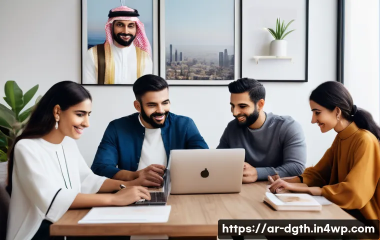 디지털 노마드와 직장 내 관계 형성 - A diverse group of Arabic-speaking digital nomads engaged in a virtual conference call on laptops an...