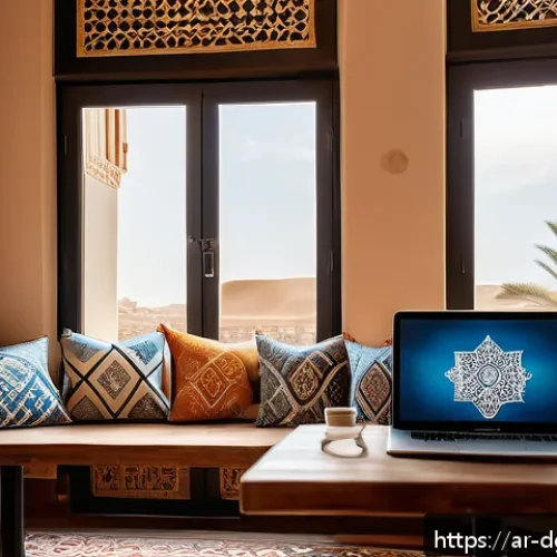 디지털 노마드로서의 경력 전환 전략 - A modern digital nomad workspace set in a cozy, stylish Middle Eastern café with traditional Arabic ...