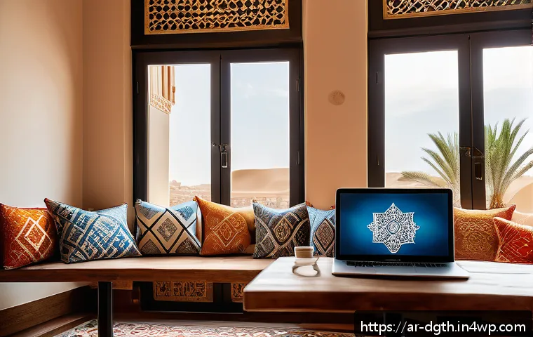 디지털 노마드로서의 경력 전환 전략 - A modern digital nomad workspace set in a cozy, stylish Middle Eastern café with traditional Arabic ...