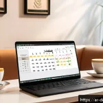 디지털 노마드를 위한 시간 절약 팁 - A modern digital workspace setup designed for an Arabic-speaking remote worker, featuring a sleek la...