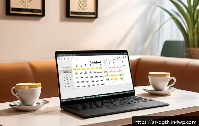 디지털 노마드를 위한 시간 절약 팁 - A modern digital workspace setup designed for an Arabic-speaking remote worker, featuring a sleek la...