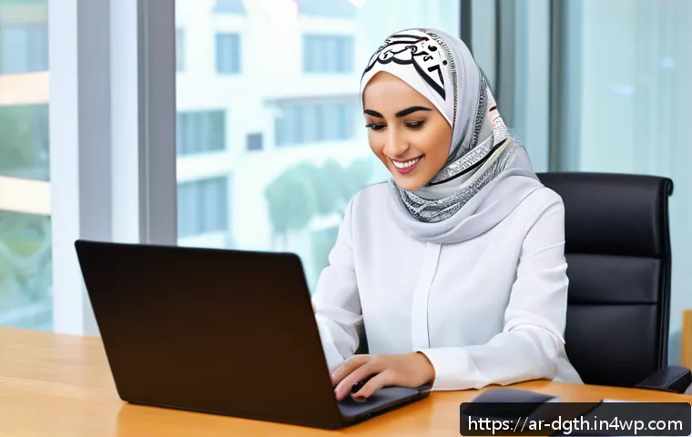 디지털 노마드를 위한 인적 네트워크 만들기 - A professional Arab woman working remotely in a modern home office, wearing modest business attire w...