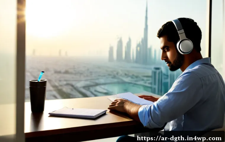 Home 17 디지털 노마드의 자기 관리 및 동기 부여 - Photorealistic Arab digital nomad in modest smart-casual clothing working at a sunlit apartment desk...